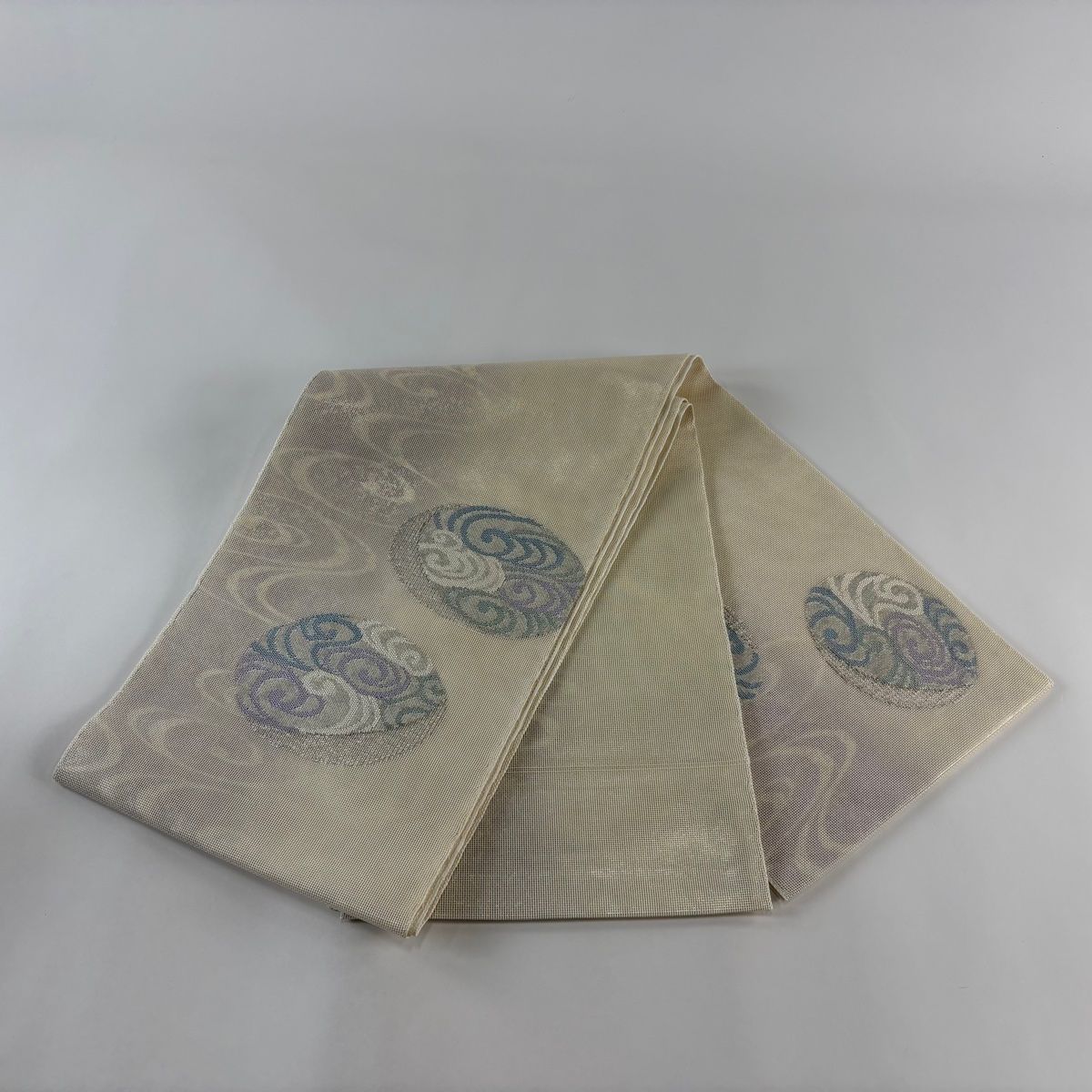 袋帯 秀品 夏帯 流水 銀糸 箔 灰白 お太鼓柄 正絹 【中古
