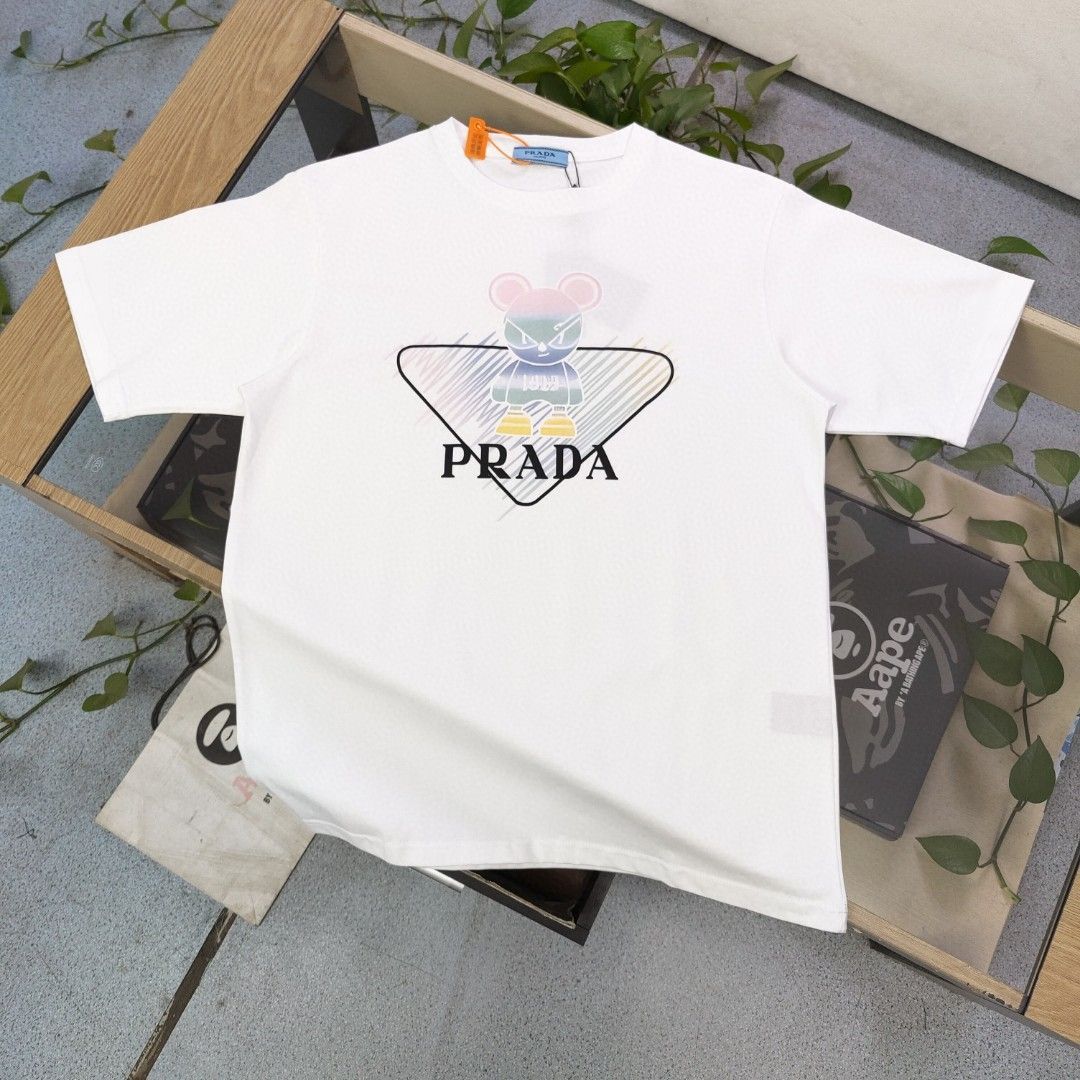 新品 PRADA プラダ 新作 くま柄 アルファベットプリント カップル 半袖Tシャツ ホワイト/ブラック