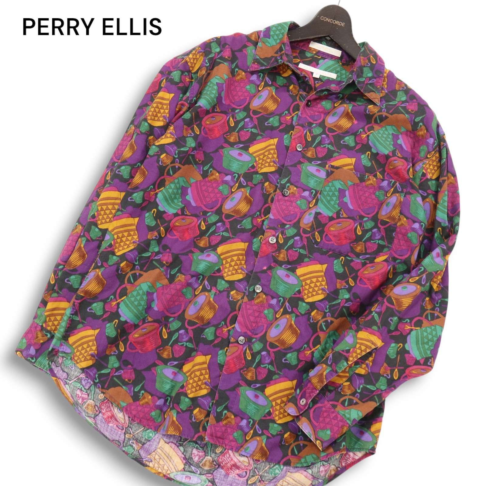 90s☆ PERRY ELLIS ペリーエリス 通年 ティーポット レトロ総柄☆ 長袖