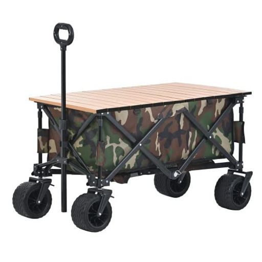 BTMキャリーワゴン折りたたみテーブル付き自立可超大直径タイヤ洗える耐荷重100kg頑丈持ち運び便利キャリーカート台車アウトドアキャンプ用品買い物 カモフラ