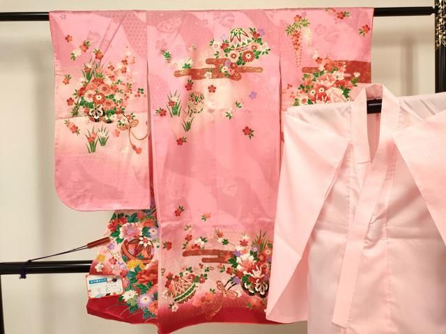平和屋1□七五三 女の子 3歳 祝着 長襦袢 袋帯セット 鼓草花文 金彩