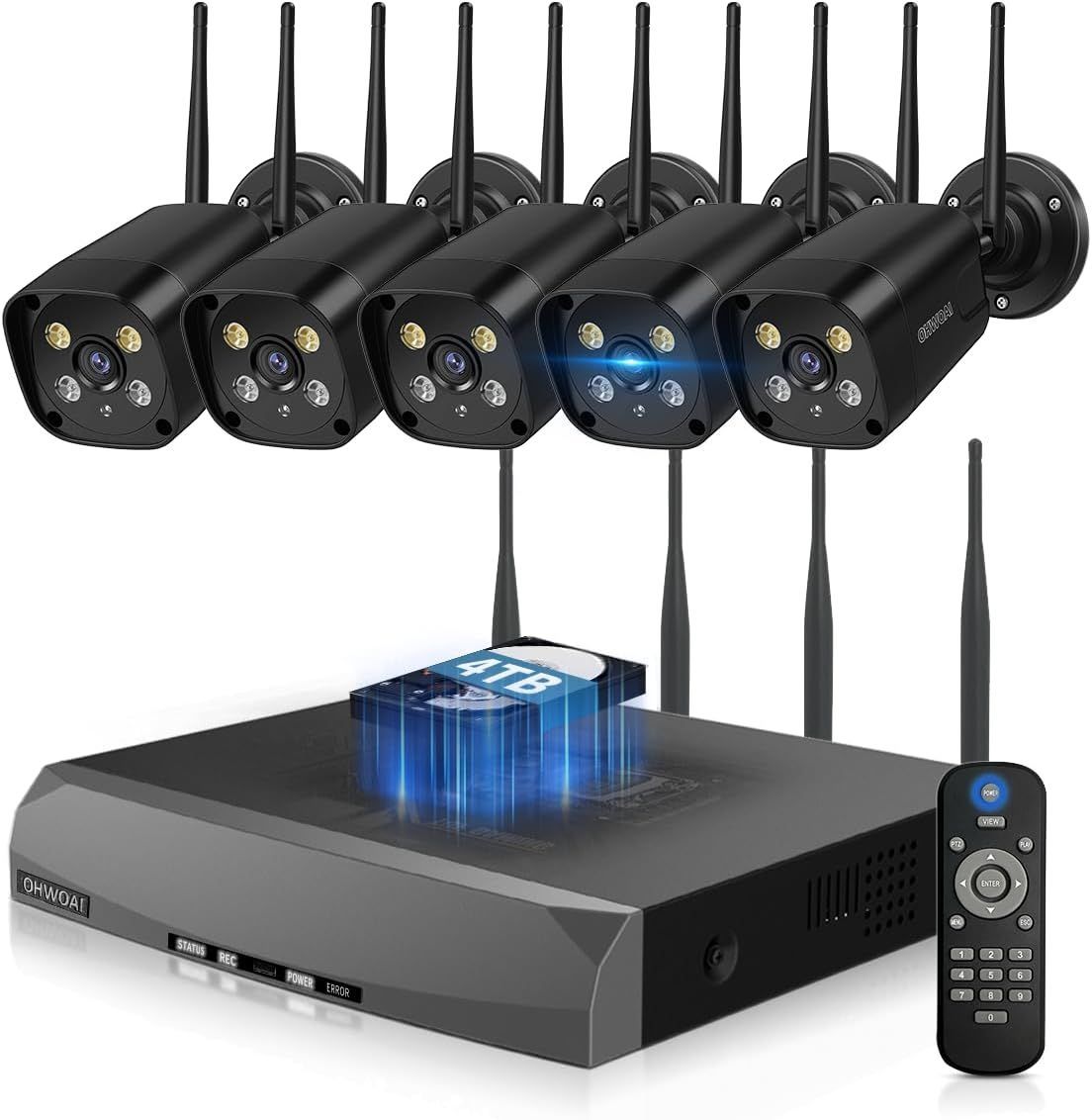 暗視撮影＆投光威嚇 OHWOAI ワイヤレス防犯カメラセット 5台 屋外用 130°超広角 音声録画 双方向通話 動体検知 16台まで増設可 遠隔監視 APP通知 500万画素 5台防犯カメラセット 4TB