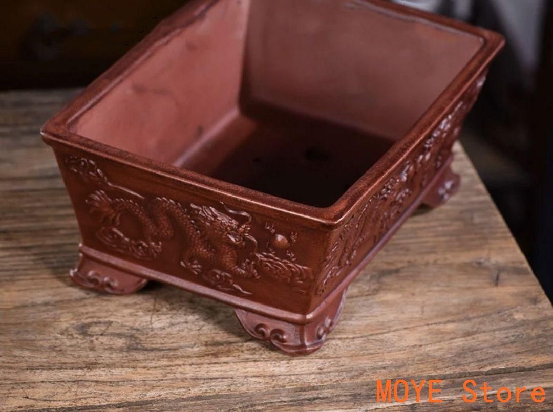 中国宜興 双龍戯珠花盆 龍騰四海紫砂鉢 盆栽鉢 植木鉢 小品