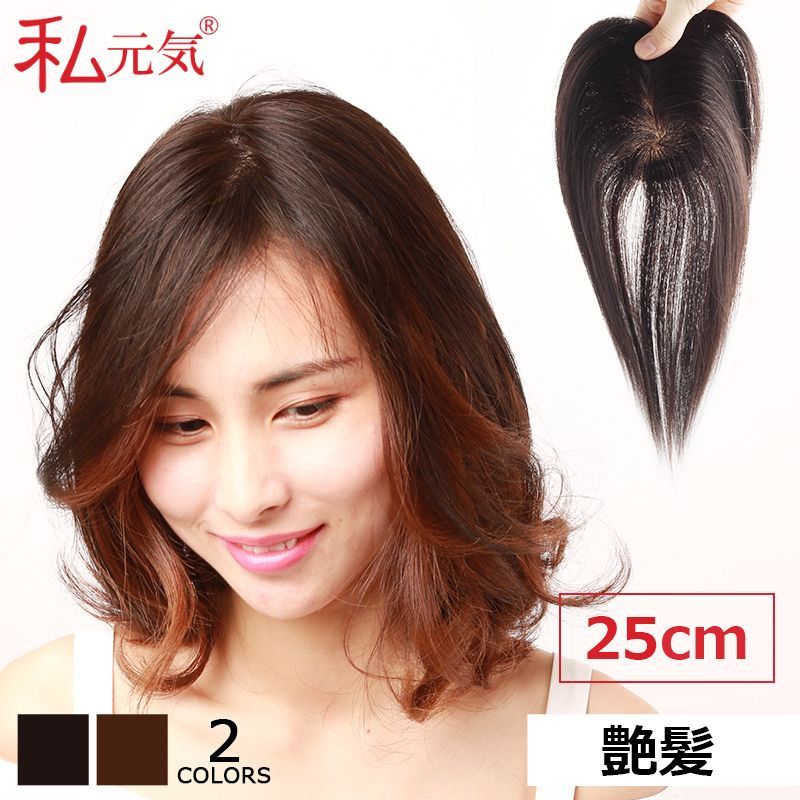 私元気 人毛 艶髪 部分ウィッグ 25cm 人毛 ウィッグ つむじ ヘアピース