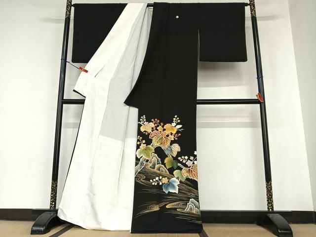 平和屋着物●創業460年 千總 黒留袖 駒刺繍 流水枝花文 金彩 正絹 AABA8795zg