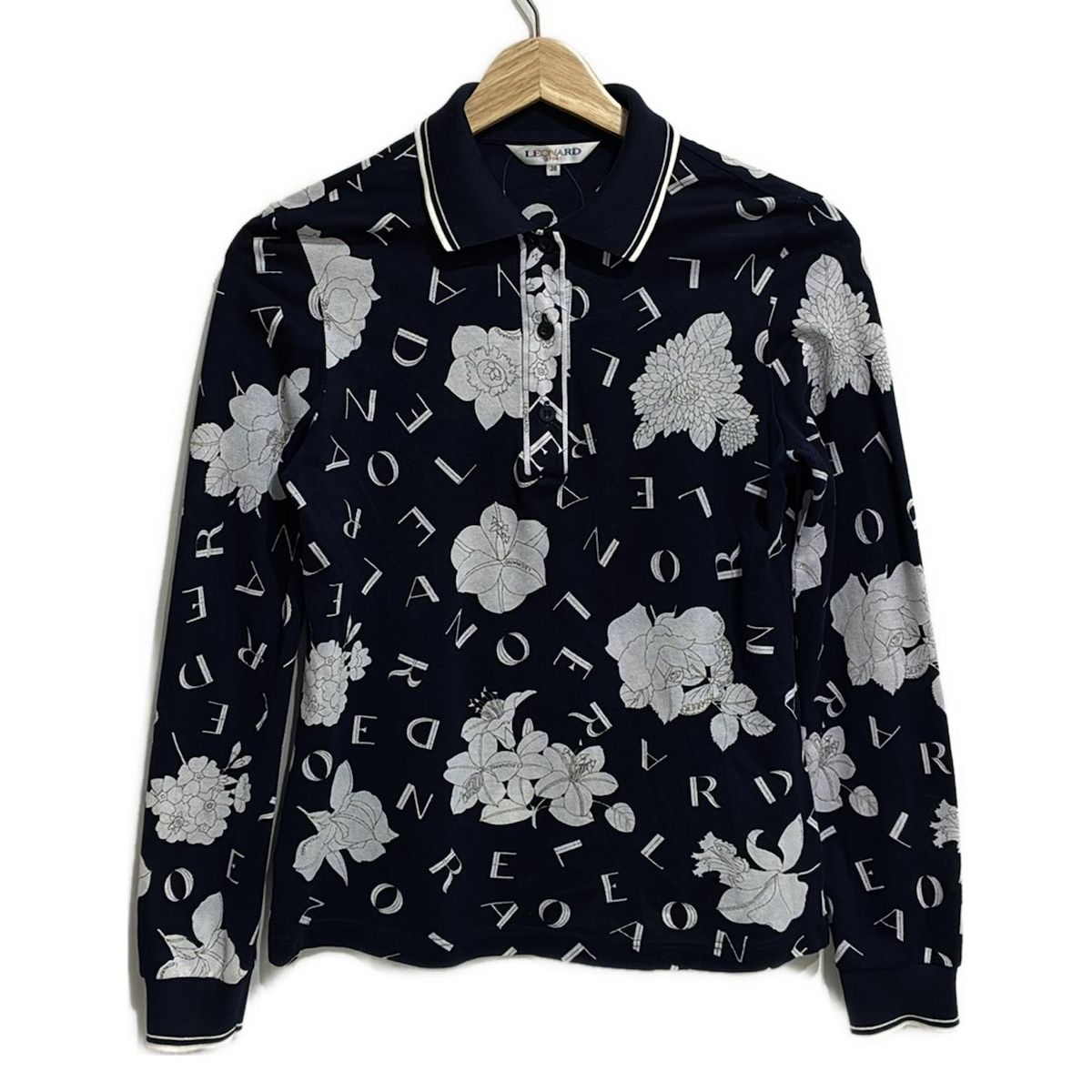 LEONARD SPORT レオナールスポーツ 長袖ポロシャツ サイズ38 M レディース - ネイビー×白 花柄