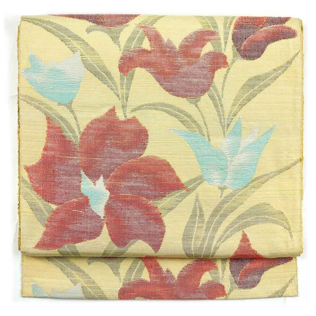 名古屋帯 幅31cm 長さ342cm レディース 花柄 秋冬春用 正絹 シルク イエロー リメイク リユース リサイクル 呉服のきくや