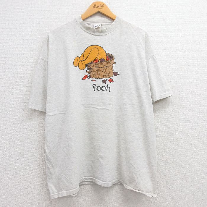 XL/古着 半袖 ビンテージ Tシャツ メンズ 90s ディズニー くまのプーさん 大きいサイズ コットン クルーネック 薄グレー 霜降り spe 23aug2