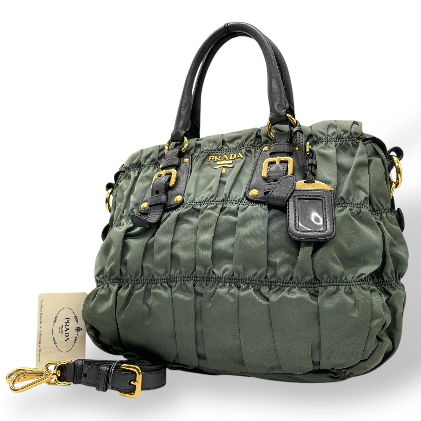 ✨PRADA ギャザー ショルダーバック 2way ナイロン レザー ベルト 
