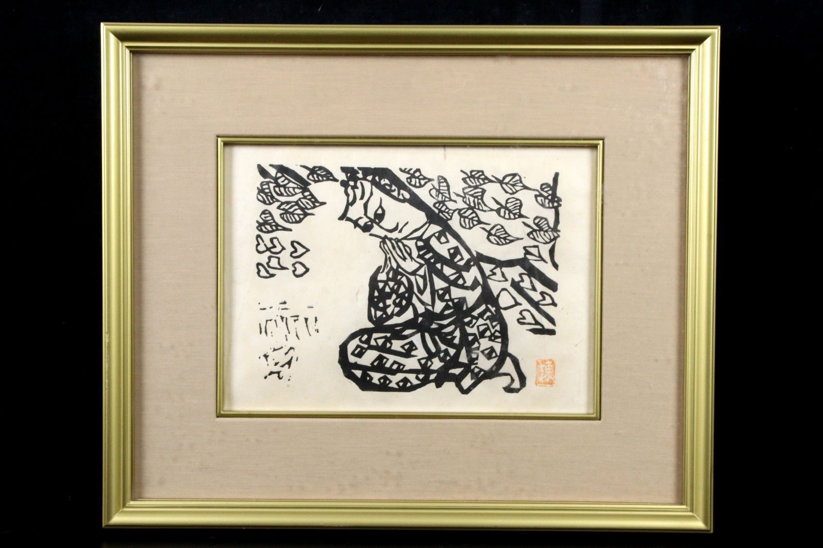 【お買い得作品】 「迎光の柵」 棟方志功 （オマケ額装） 棟方志功 「迎光の柵」 木版画 タトウ箱 古美術 楾 E162-OO