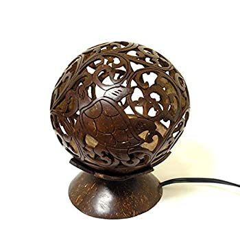 【中古】【輸入品・未使用】ココナッツ の アートランプ 丸型 亀・唐草模様 [直径約15cm] テーブルランプ フロアーライト フットライト アジアン バリ タイ 雑貨 インテリア