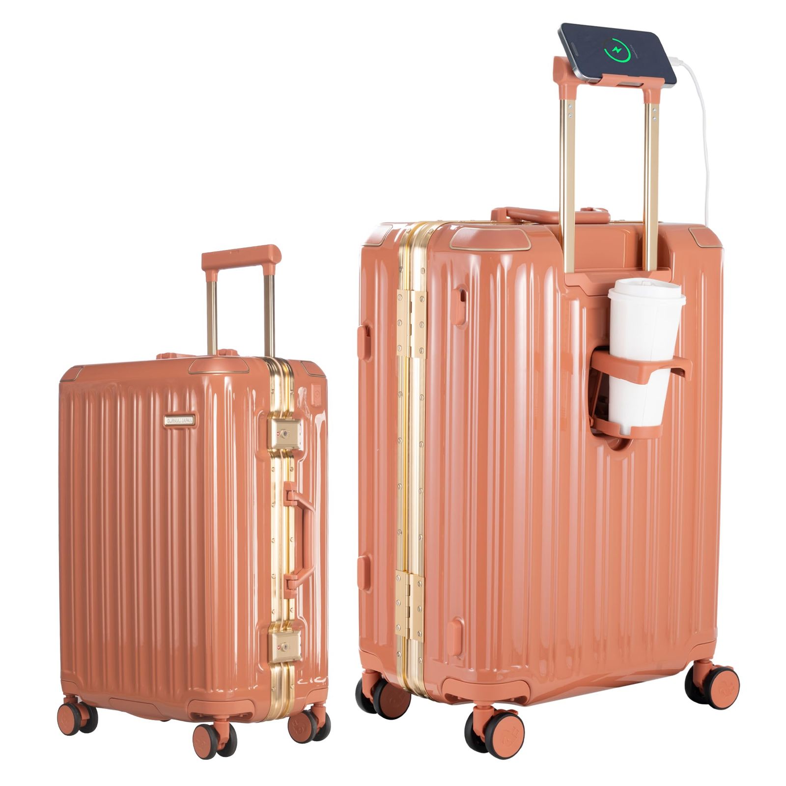 GURAMU スーツケース S M Lサイズ アルミフレーム USBポート付き 機内持ち込み 軽量 耐衝撃 キャリーケース キャリーバッグ カップホルダー付き 充電機能 泊まる かわいい 360度回転 大容量 海外旅行 旅行 カッパーレッド M