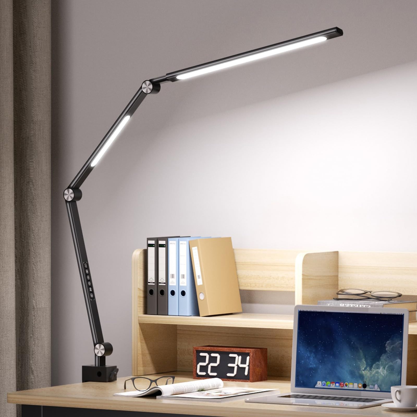 Kiyoraito デスクライト LED スタンドライト 22W ダブル光源 2400Lux 無段階調光調色 60秒遅延自動消灯 ポモドーロモード 高演色性RA95 クランプ付き 強化アルミ合金 折り畳み 多角度調節 卓上ライト 目に優しい ブラック リモコ