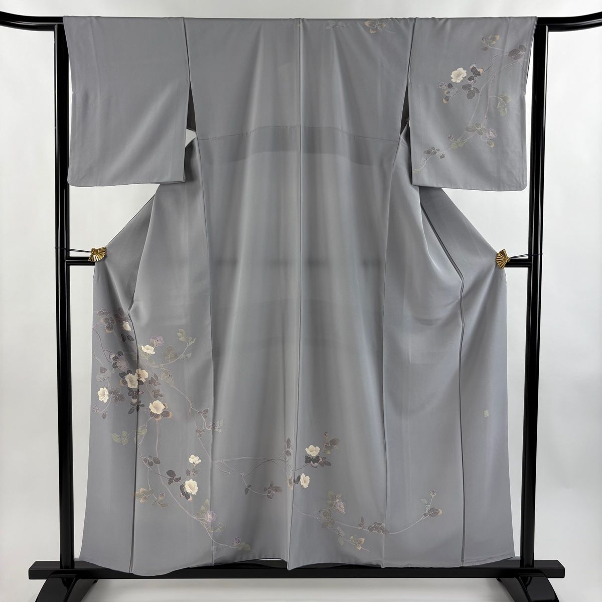訪問着 身丈169cm 裄丈63.5cm S 袷 落款 枝花 灰色 正絹 秀品 一つ紋