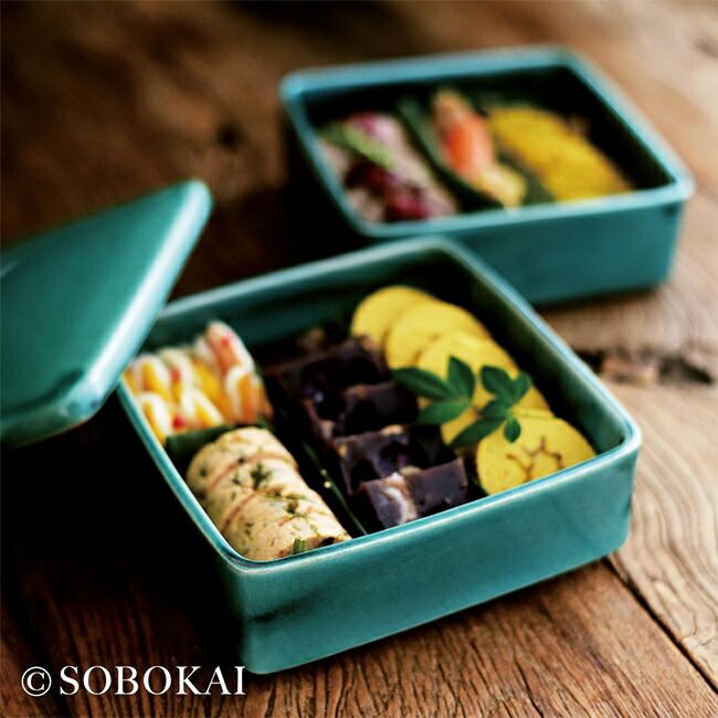 SOBOKAI ソボカイ トルコ青釉 角お重 2段 お正月 おせち お節 おもてなし 陶器 重箱 二段 蓋付き ふた付き お重 保存容器 副菜 常備菜 作り置き 保存 容器 食器 角型 食卓 和モダン おしゃれ 和食 おせち料理