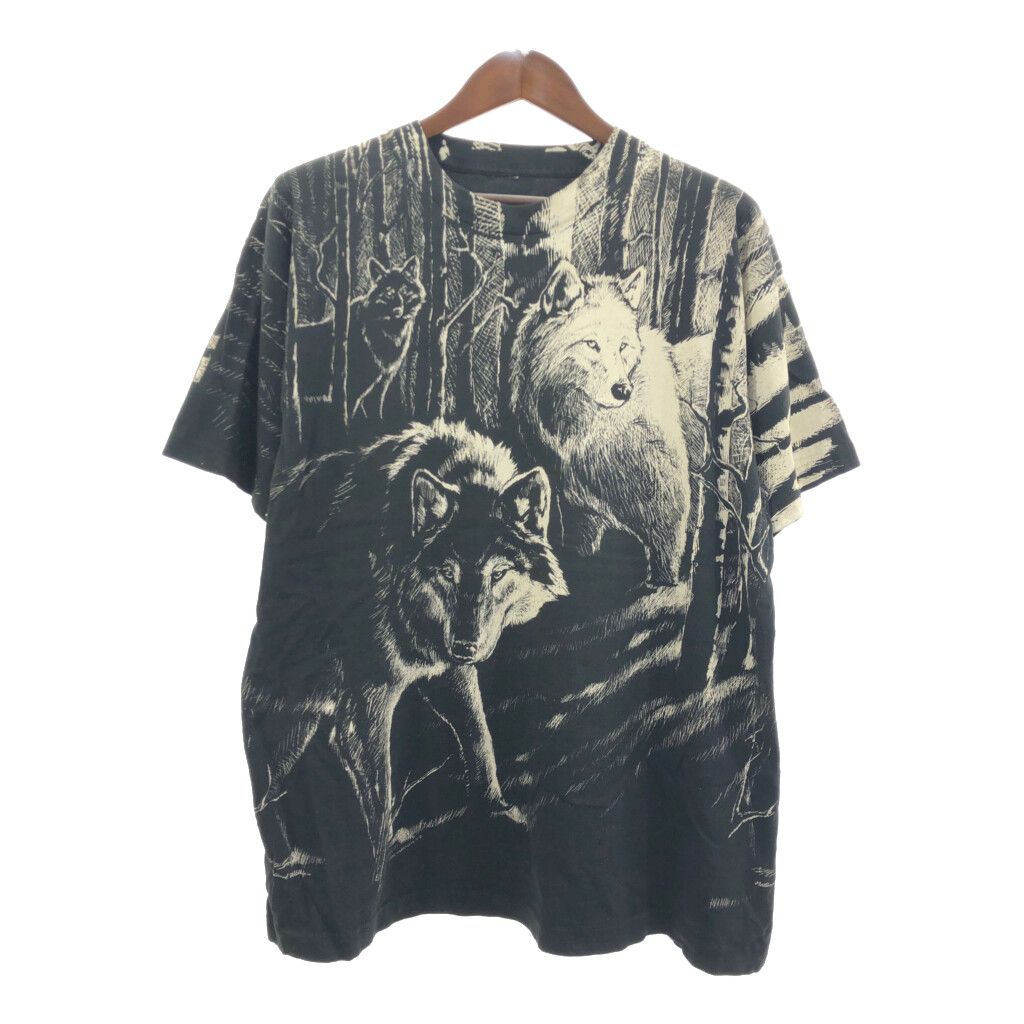 90年代 アニマルプリント オオカミ 半袖Ｔシャツ 全面プリント ブラック (メンズ XL相当) 中古 古着 Q5973