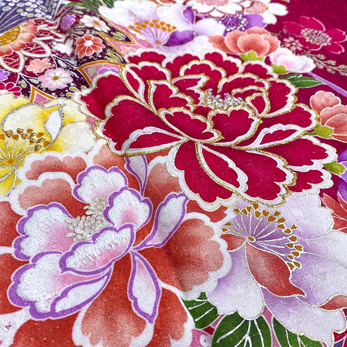 正絹本振袖 身丈169 ピンク 牡丹 刺繍 美品 オリジナルガード