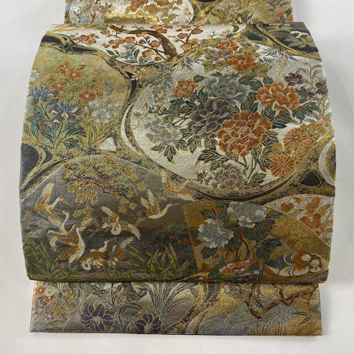 袋帯 美品 逸品 琳派流水名勝図 箔 青灰色 正絹 中古 袋帯 正絹 琳派流水名勝図 両面全通袋帯 丸帯 名品 琳派流水名勝図