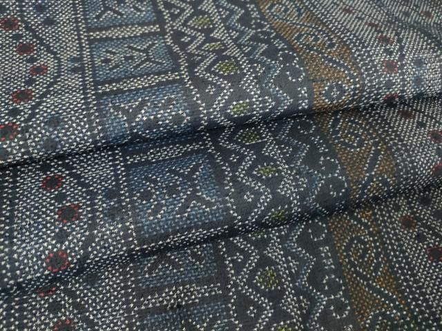 平和屋着物▽本場大島紬 薩摩結城 単衣 幾何学間道 正絹 逸品