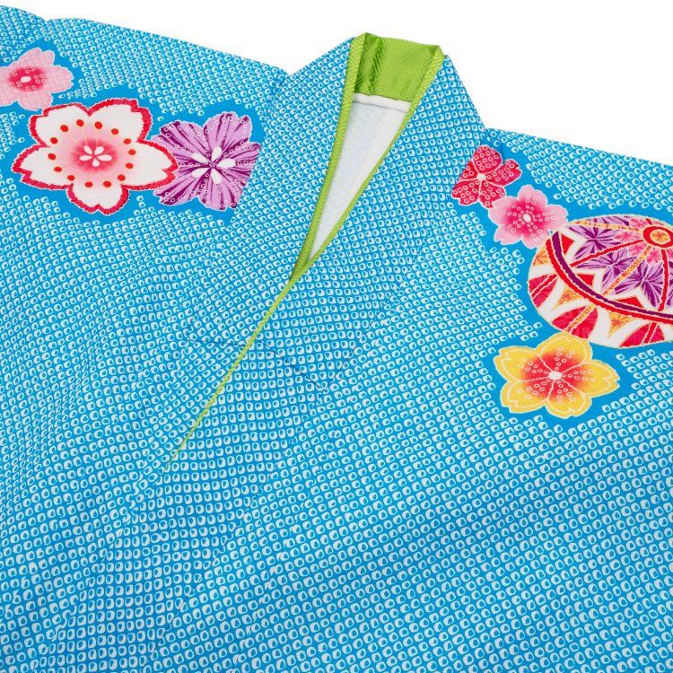 七五三 着物 7歳 フルセット 正絹 青 ブルー 四つ身 絞り柄 桜 毬 花柄