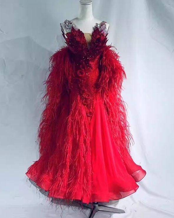 オーダーメイド社交ダンス衣装色変更可 スタンダードドレス 羽根高品質