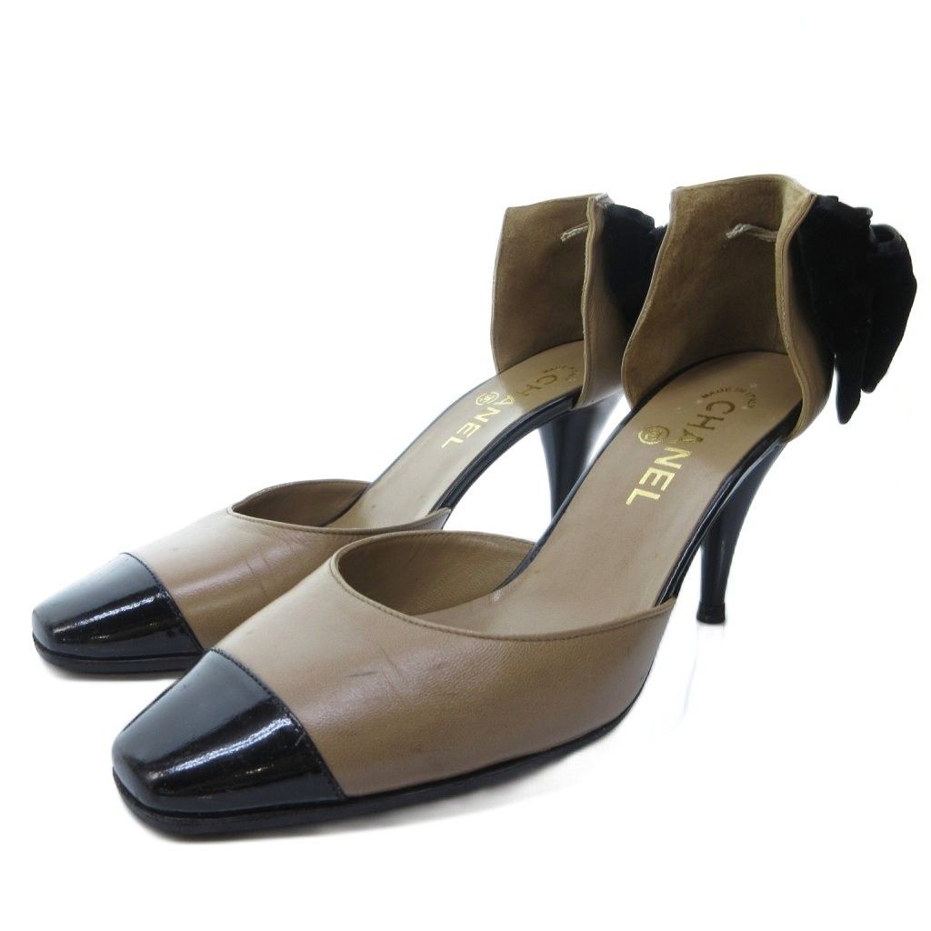 シャネル CHANEL バイカラー ココマーク バックリボン パンプス ハイヒール ベージュ 黒 ブラック 約23.5cm IBO81