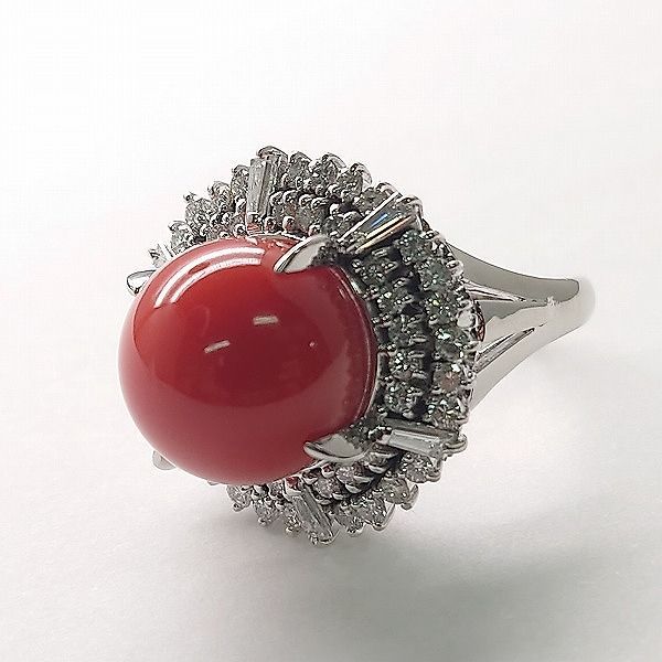 ※併売商品※◆新品仕上げ◆天然珊瑚 リング C 約13.8mm D1.57ct PT900 約17号 GRJソーティング レディースジュエリー　M888