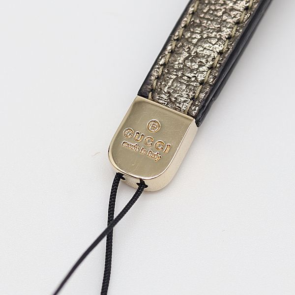良品 グッチ キーホルダー ストラップ レザー シルバー/グレー