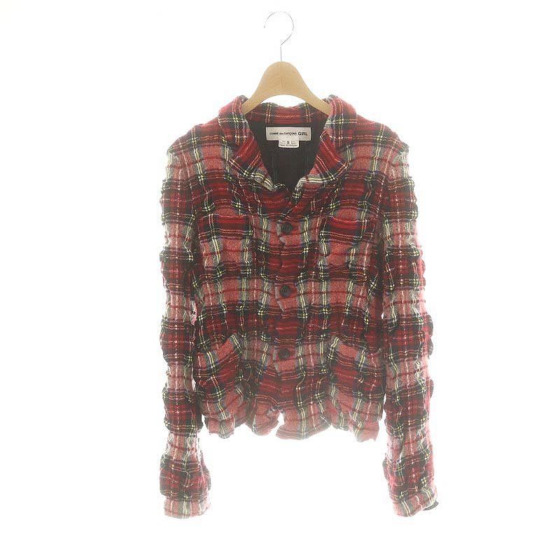 コムデギャルソン COMME des GARCONS GIRL AD2020 ウール チェック 縮絨 シングルジャケット テーラードジャケット S レッド マルチ |ES OS SH