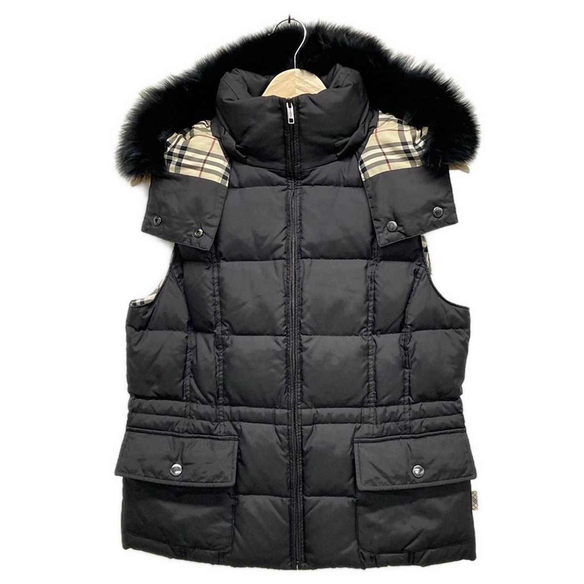 Burberry LONDON バーバリーロンドン ダウンベスト サイズ38 L レディース - 黒 フォックス|ファー フード取り外し可|秋|冬