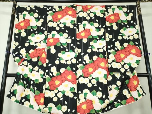 平和屋着物●二尺袖 小振袖 舞桜 椿 黒地 洗える着物 DAAY1014ps