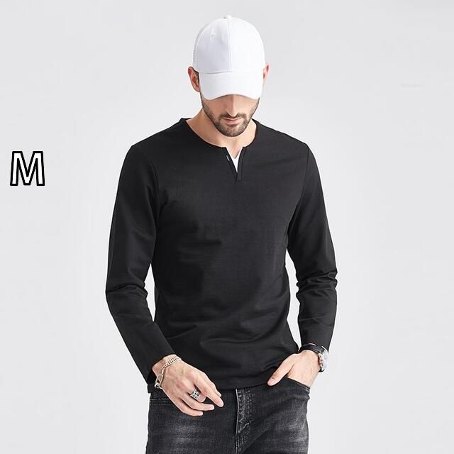 [M ]メンズ ファッション 服  オシャレ シンプル 大人 かっこいい 大きいサイズ ストリート 紳士服  コーマ 綿 春 シャツ 秋 黒 トップス Vネック 長袖 T