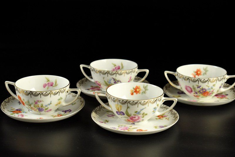 蔵C9781a アンティーク ローゼンタール 金彩花図紋 スープカップ＆ソーサー 4客