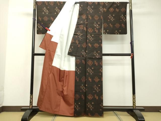 平和屋着物○久留米絣 単衣 綿 道中着 檜扇笹竹文 逸品