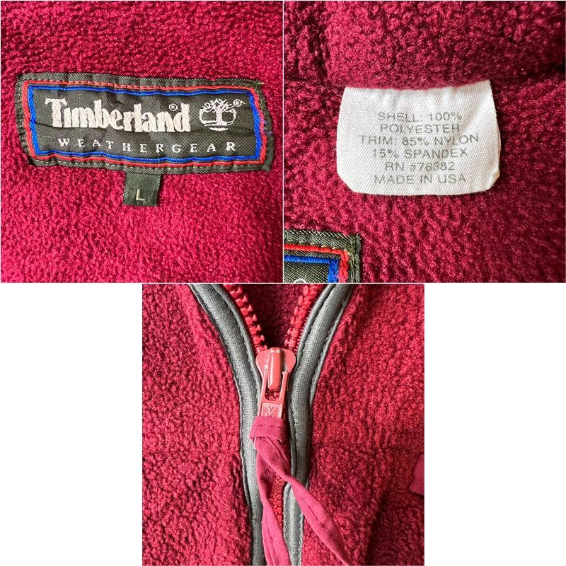 90s USA製 Timberland 収納 フード付き フルジップ フリース ジャケット L / 90年代 オールド アメリカ製 ティンバーランド  エンジ ワインレッド