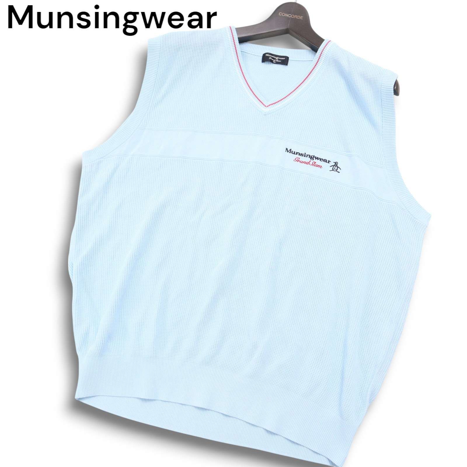 【新品未使用タグ付き】マンシングウェアニットベスト綿51%混 メンズ【サイズL】 Munsingwear マンシングウェア ゴルフ 通年 ロゴ刺繍☆ 切替