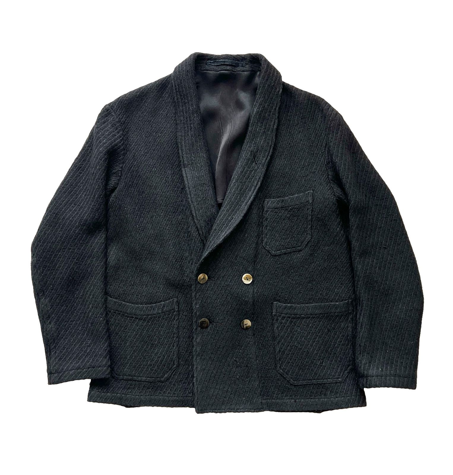 motiv mfg モチーフエムエフジー DB SHAWL COLLAR SACK JACKET - BLACK TUSSAH SILK TWEED シルクシャールカラージャケット