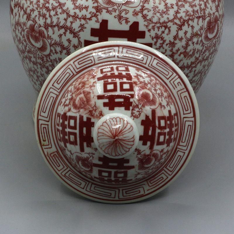 景徳鎮 陶磁器 喜字将軍缶茶筒 装飾品 工芸品 置物 中国美術 四喜紅将軍缶 景徳鎮 陶磁器 装飾品 現代工芸品 美術品