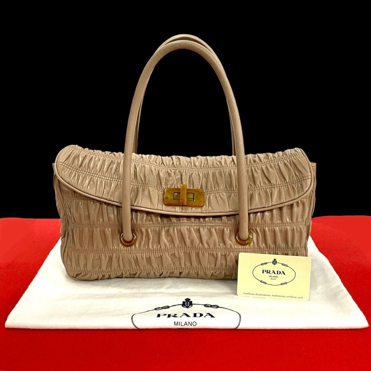PRADA プラダ ハンドバッグ 三角ロゴ レザー ミニ ベージュ 極 美品 袋 