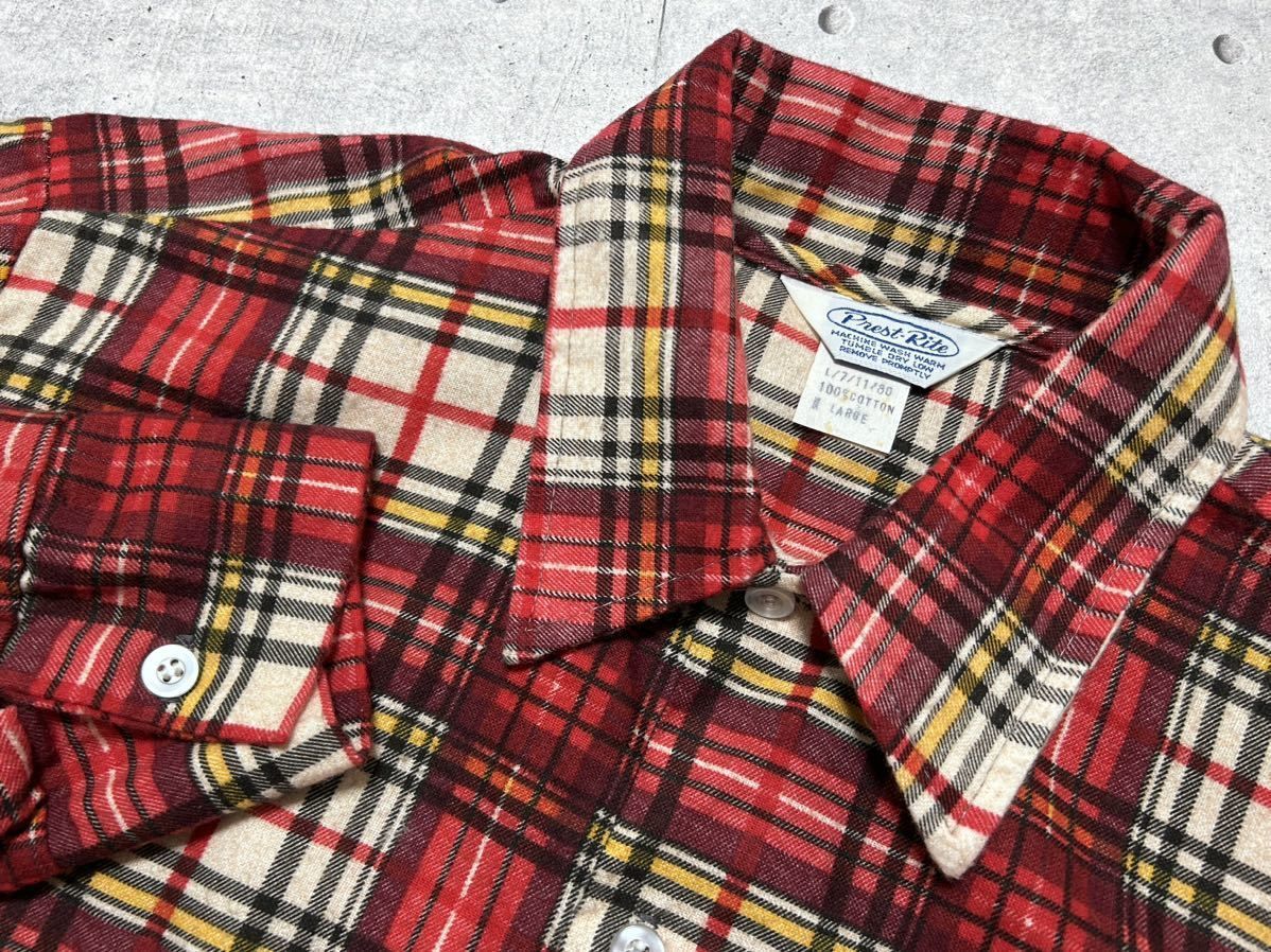 70s デッドストック USA製 プレストライト プリント ネルシャツ 紙タグ 