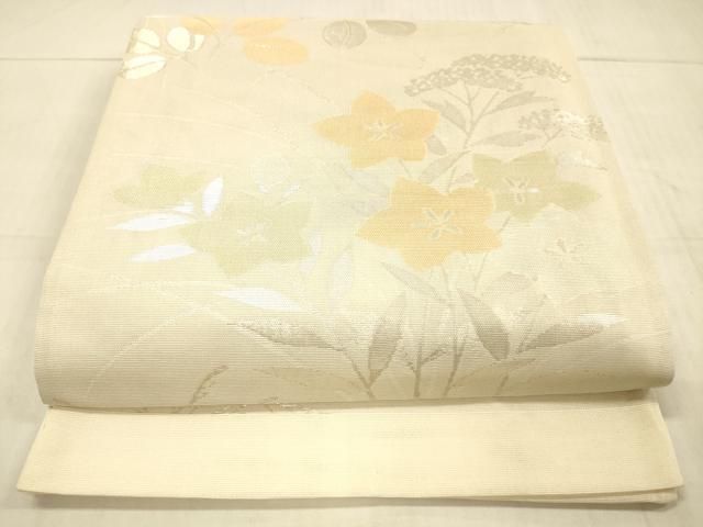 BY1765　夏　絹 袋帯　薄サーモンピンク　色紙　菊　萩　桔梗　上品 BY1765夏絹 袋帯薄サーモンピンク色紙菊萩桔梗上品