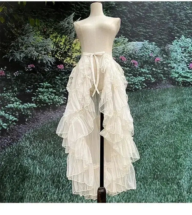 海外配送 レース レイヤード ティアード フリル スカート アイボリー カーディガン