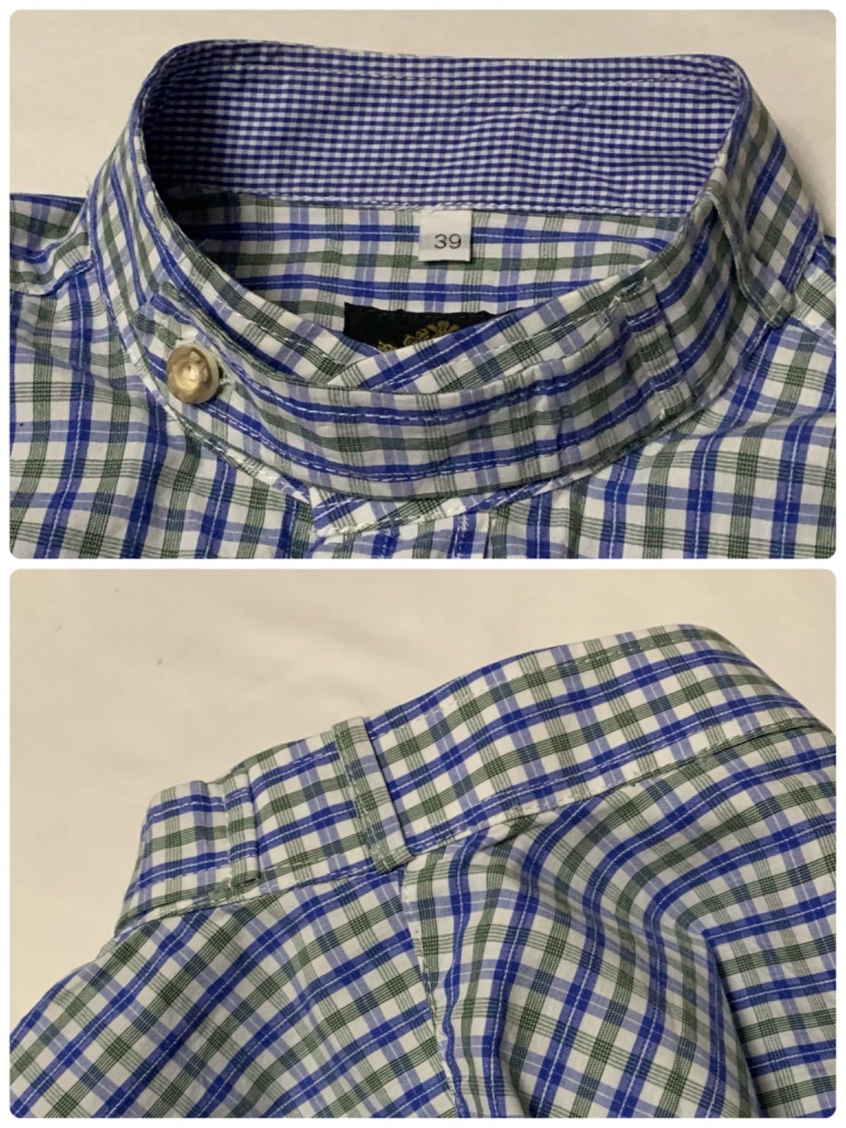 Hammerschmid L/S Tyrolean Check Shirt ハンマーシュミット チロリアンシャツ チェックシャツ プルオーバーシャツ 長袖 ライトグリーン ブルー ホワイト サイズ39 実寸S-M相当 ユーロ古着 チンストラップ スクエアカット