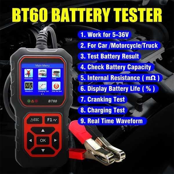 車用自動車バッテリーテスター 汎用 BT60 12V 24V オートバイ用自動車オルタネーターテスター 電圧測定 診断 故障
