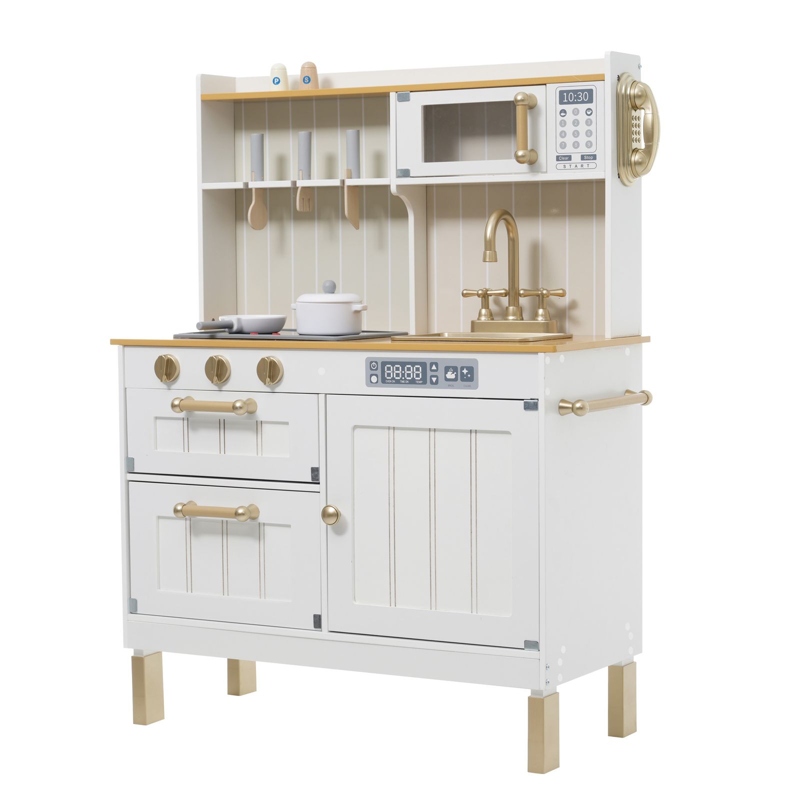 2個 おままごと キッチン ヨーロピアンシェフ風 10点 木製 台所 食材 卵 魚 トマト 調理器具付き 調味料 知育玩具 コンロ 電子レンジ 家事 おもちゃ キッズ ベビー 誕生日 プレゼント ホワイト