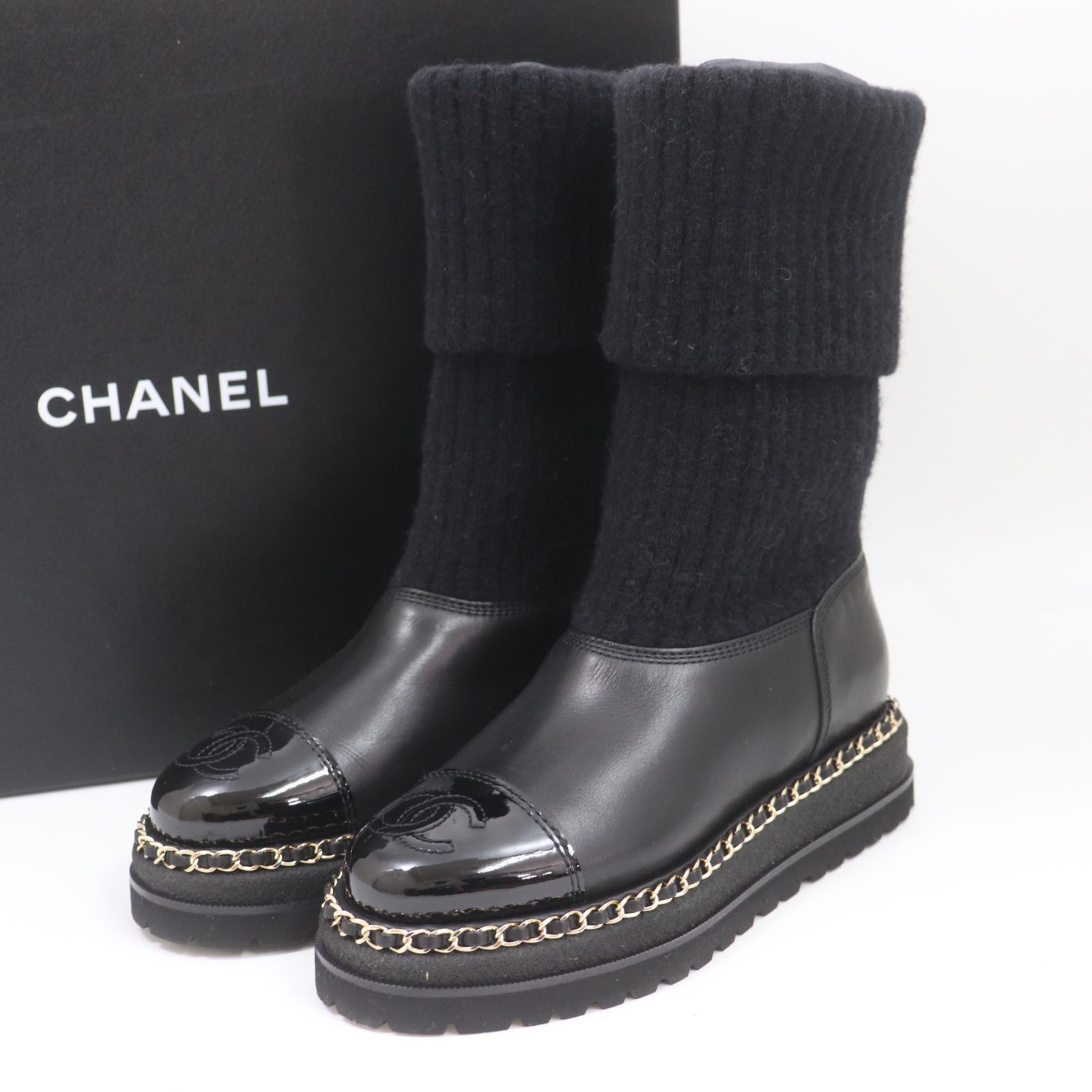 ...！！！CHANEL ブーツ ITSDRB3LYWNW CHANEL シャネル レザー ニット アンクル ブーツ