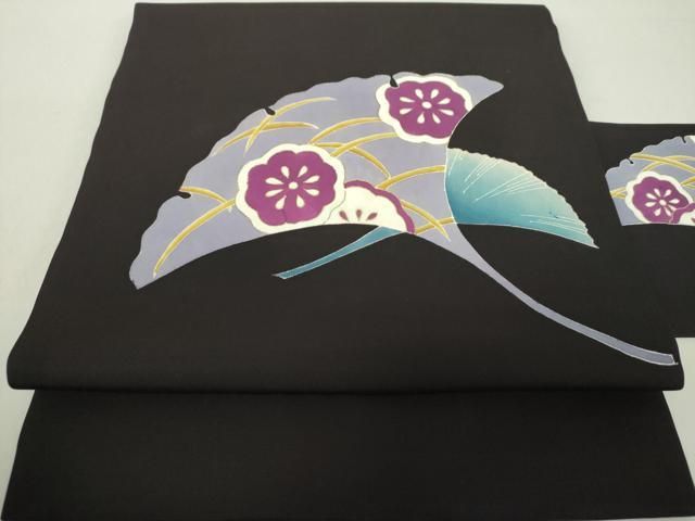 平和屋着物○塩瀬 九寸名古屋帯 銀杏花文 黒地 金彩 正絹 逸品  