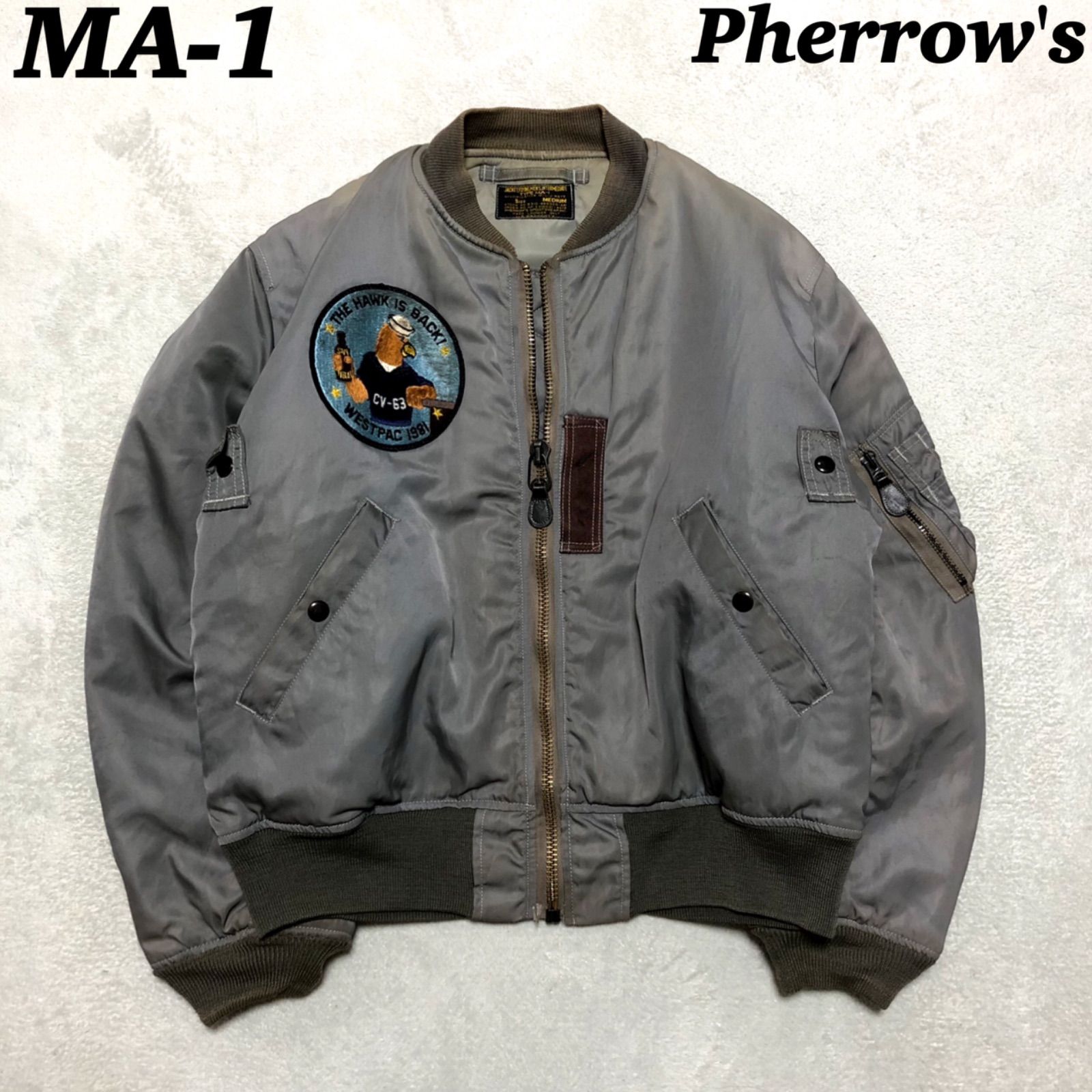 Pherrow's フライトジャケット MA-1 MIL-J-8279モデル ワッペン ボンバージャケット ボマージャケット Mサイズ ミリタリージャケット 緑系 カーキ グリーン フェローズ