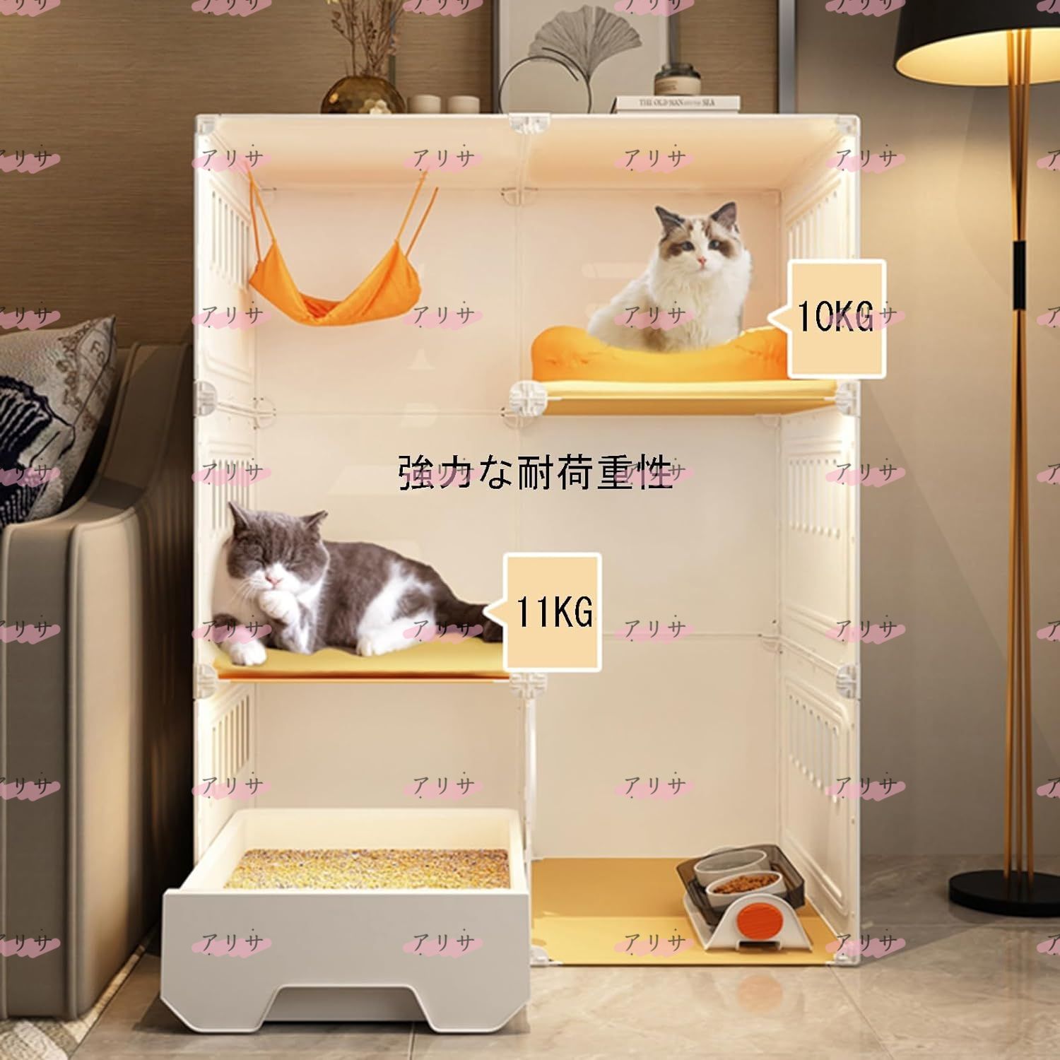 猫 ケージ トイレ付き キャットケージ 多頭飼い 脱走防止 コンパクト 子猫 保護用 室内用 猫用ケージ 大型 多段 掃除しやすい 防臭 組立簡単 (Color : 黄, Size : 高106x幅71x奥行46.5cm)