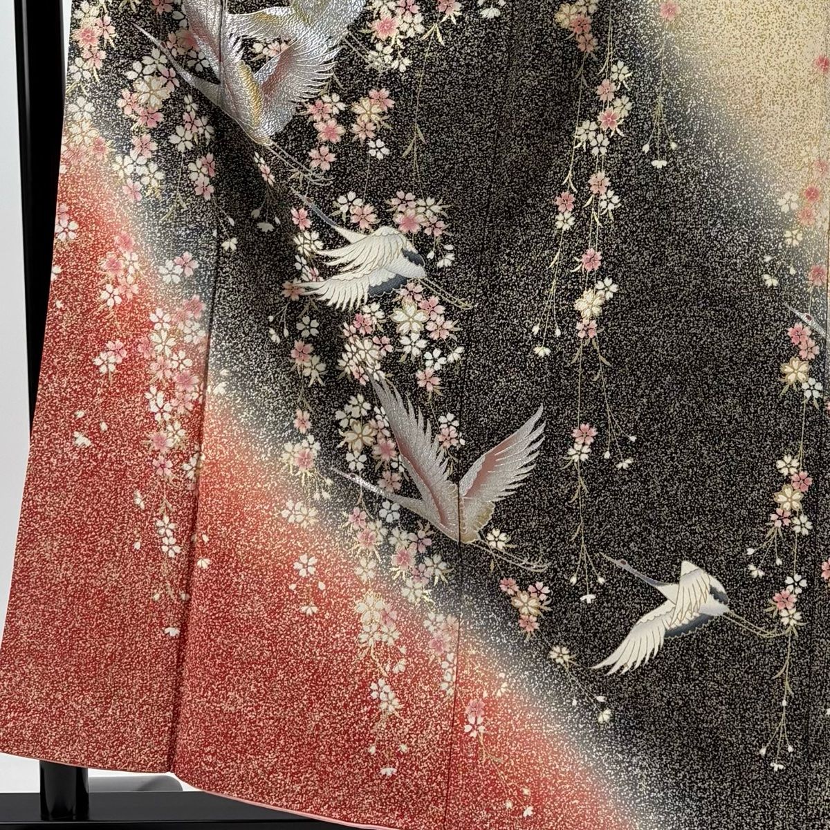振袖 身丈156cm 裄丈64cm M 袷 鶴 枝垂れ桜 金銀彩 黒 正絹 秀品
